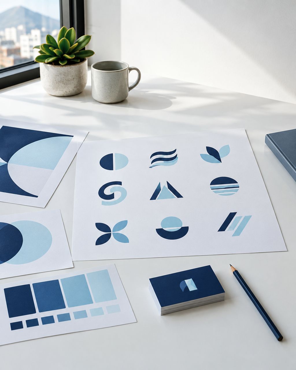 Brand identity studies and colour swatches on a design desk
