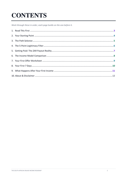The contents page, listing all ten sections in the order they are meant to be worked through, from Read This First through to About and Disclaimer, each with its page number. A note at the top says each page builds on the one before it.