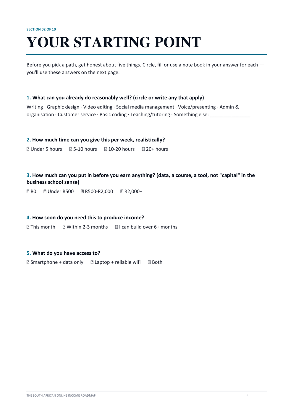 Section 02, Your Starting Point. Five questions to answer before choosing a path: what you can already do reasonably well, how many hours a week you realistically have, how much you can put in before you earn anything, how soon you need income, and whether you have a smartphone and data, a laptop and wifi, or both.