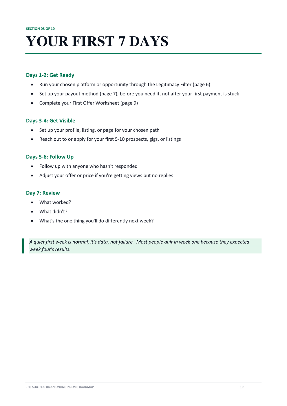 Section 08, Your First 7 Days. Days one and two get ready, days three and four get visible, days five and six follow up, and day seven review. It closes by noting that a quiet first week is normal and is data, not failure.