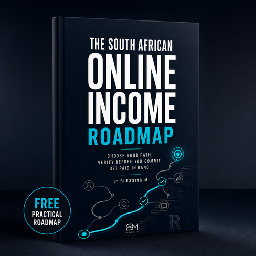 Cover of The South African Online Income Roadmap, a dark navy guide with white and cyan title lettering and a route illustration.