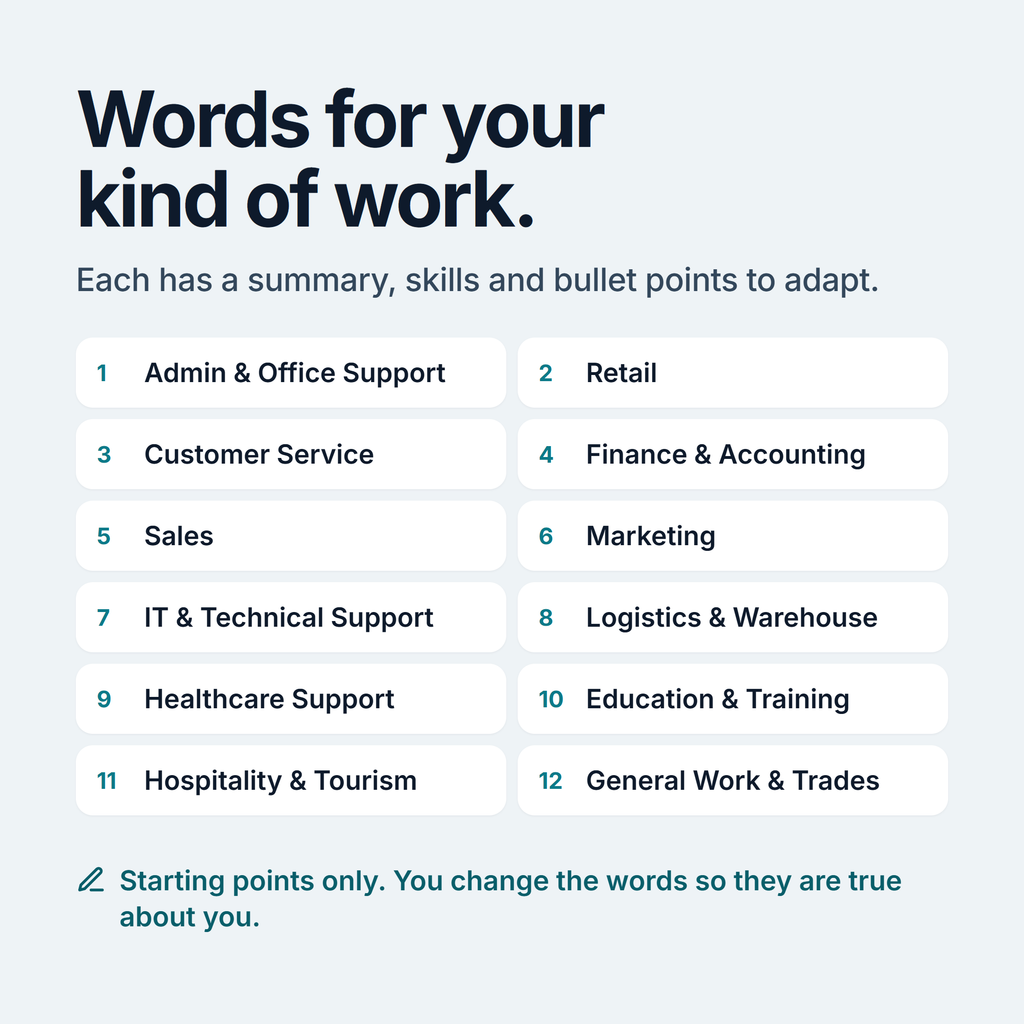 The 12 kinds of work in the Sector Content Library: admin and office support, retail, customer service, finance and accounting, sales, marketing, IT and technical support, logistics and warehouse, healthcare support, education and training, hospitality and tourism, general work and trades.