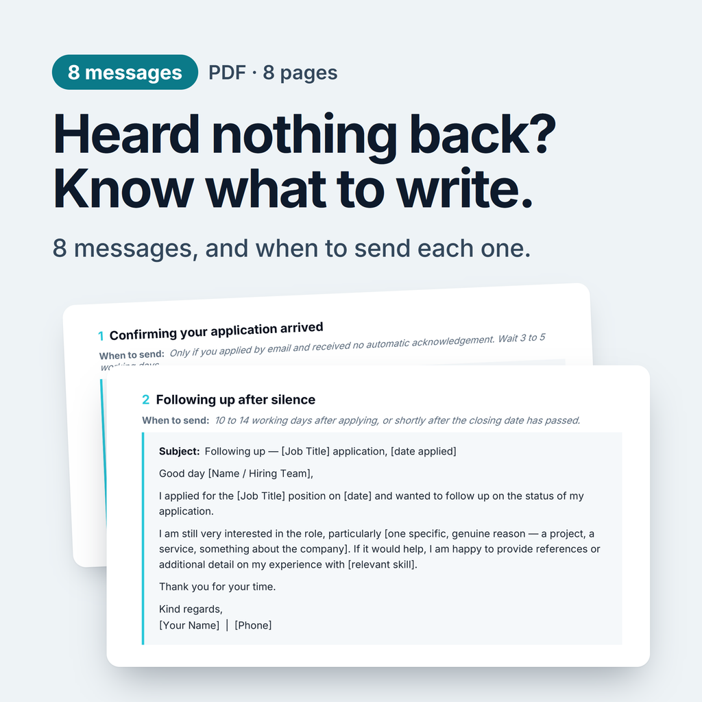 8 follow-up messages in an 8-page PDF. Two real messages from the file: checking your application arrived, and following up after silence.