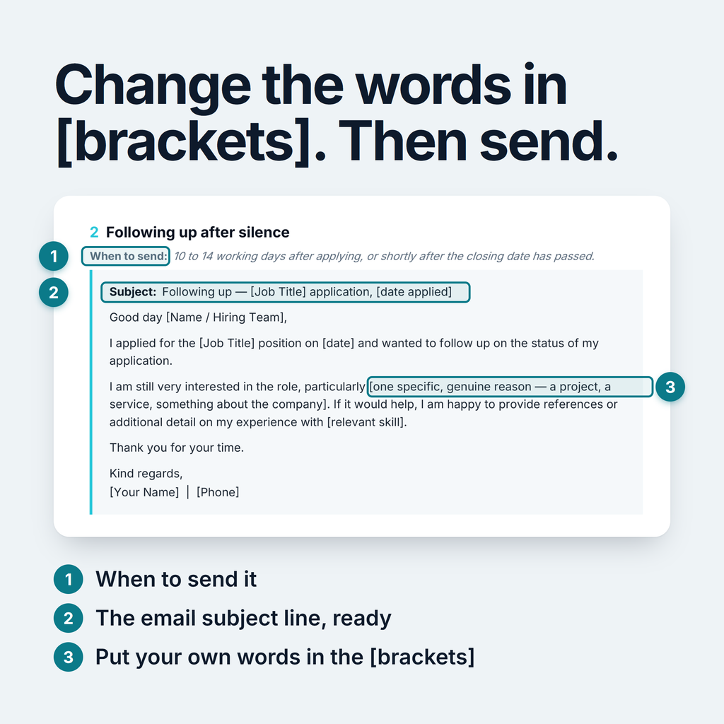 Message 2 from the PDF with 3 parts marked: 1 when to send it, 2 the email subject line, 3 the words in brackets that you change to your own.