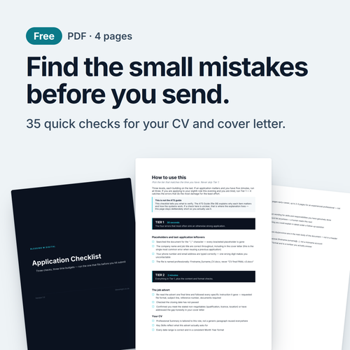 The free Job Application Checklist: 35 quick checks for your CV and cover letter. A 4-page PDF, shown as its cover and two pages inside.