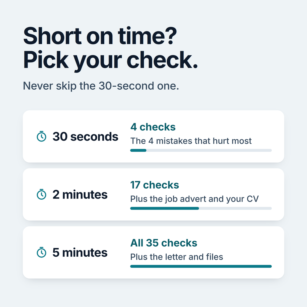 Pick the check that fits your time: 30 seconds for 4 checks, 2 minutes for 17 checks, or 5 minutes for all 35 checks.