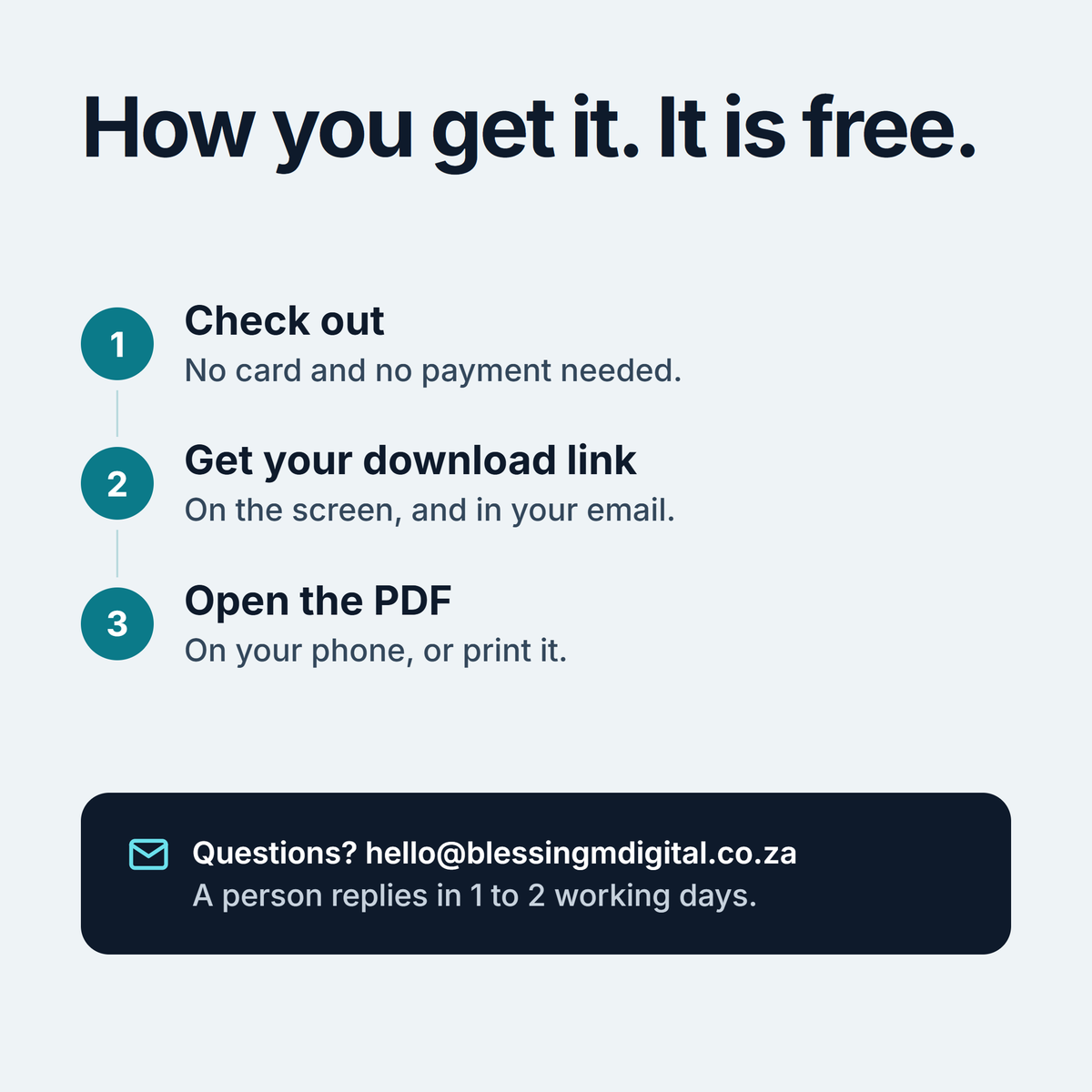 How you get the free checklist: 1 check out, with no card or payment needed. 2 get your download link on the screen and in your email. 3 open the PDF on your phone, or print it.