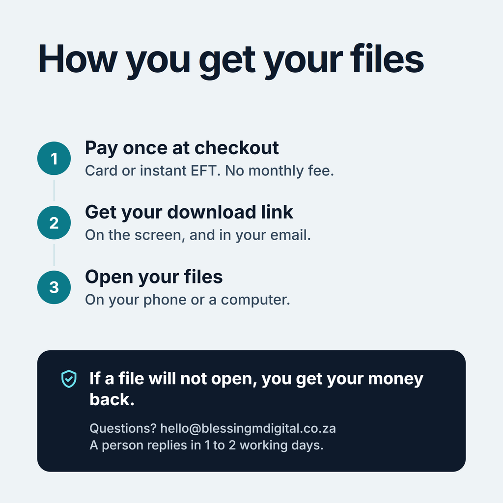 How you get your files: 1 pay once at checkout, by card or instant EFT, with no monthly fee. 2 get your download link on the screen and in your email. 3 open your files on your phone or a computer. If a file will not open, you get your money back.
