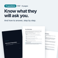 The Job Interview Guide, a 6-page PDF with 11 questions to prepare and how to answer them. Shown as its cover and two pages inside.