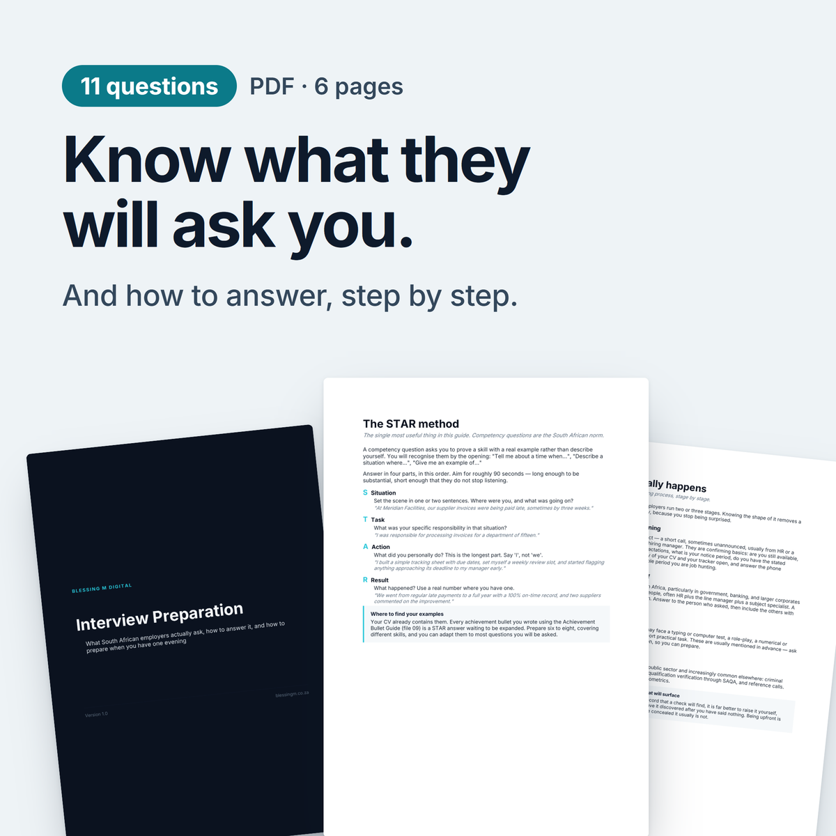 The Job Interview Guide, a 6-page PDF with 11 questions to prepare and how to answer them. Shown as its cover and two pages inside.