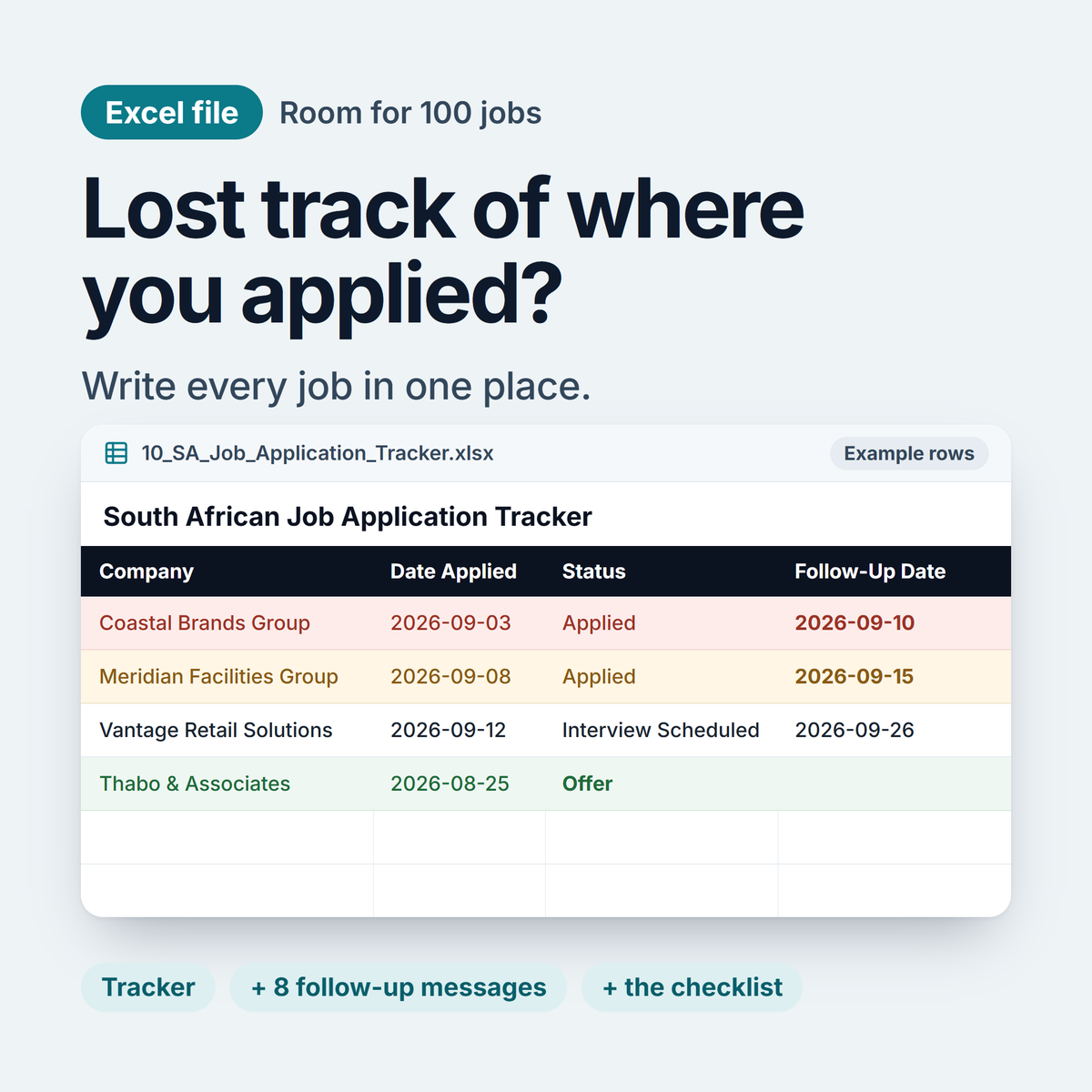 The job application tracker, an Excel file with room for 100 jobs, shown with example rows: company, date applied, status and follow-up date. It comes with 8 follow-up messages and the checklist.
