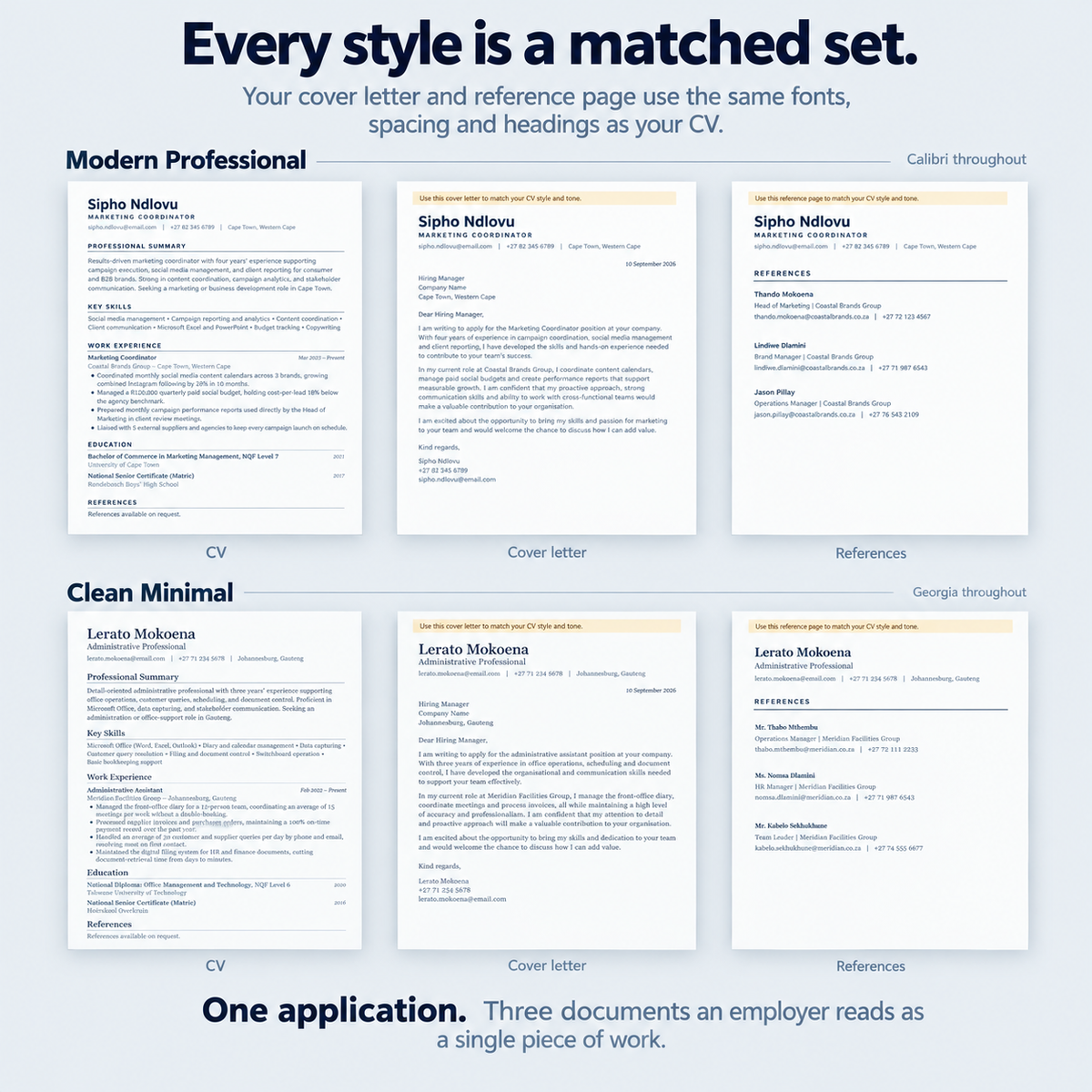 Each design shown as a matched set of three pages. Modern Professional set in Calibri and Clean Minimal set in Georgia, each with a CV, a cover letter and a reference page that use the same fonts, spacing and headings so an employer reads them as one piece of work.