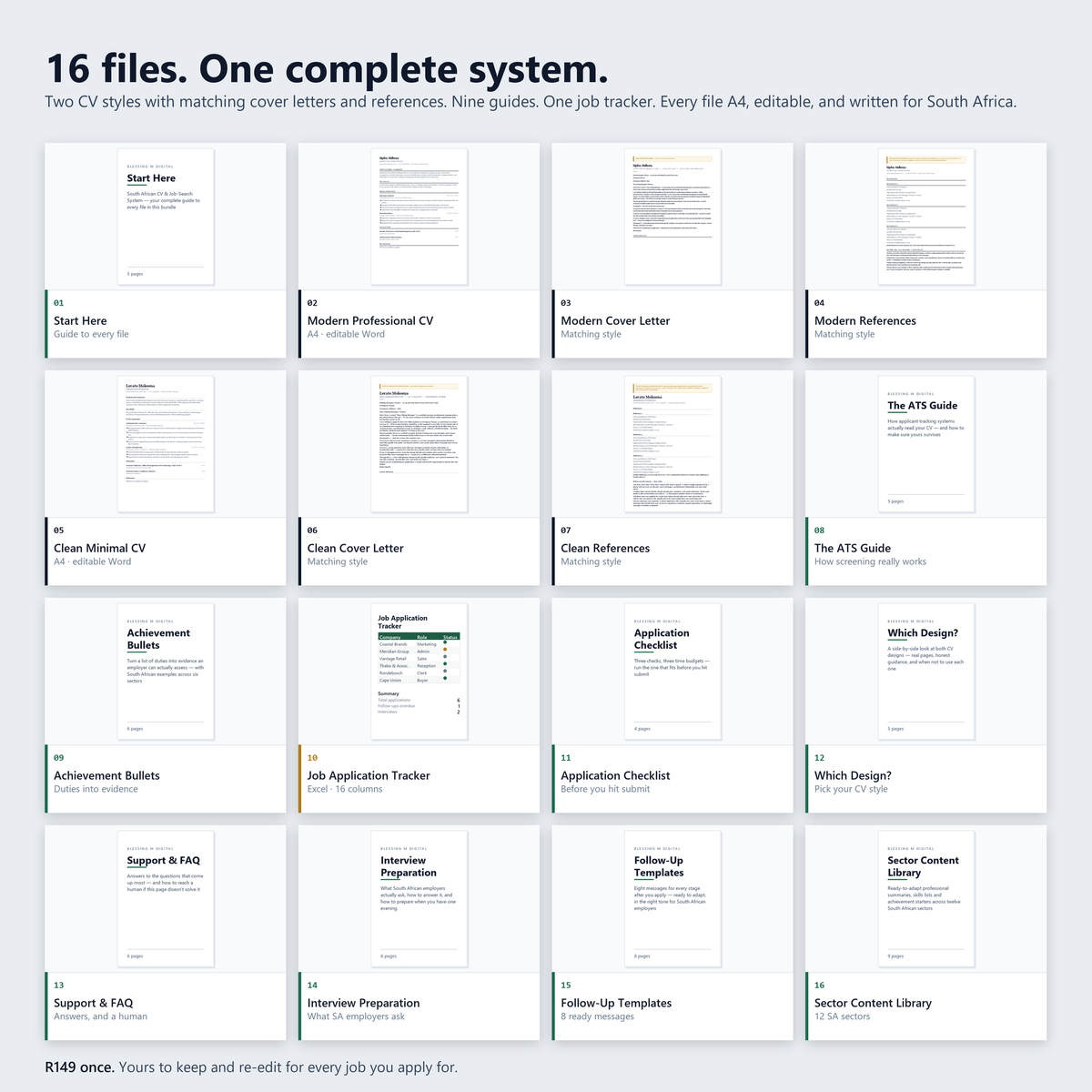 All sixteen files in the system shown as a numbered grid: Start Here, the Modern Professional CV with its matching cover letter and reference page, the Clean Minimal CV with the same three, nine guides, the application checklist, the job application tracker and the sector content library. R149 once.