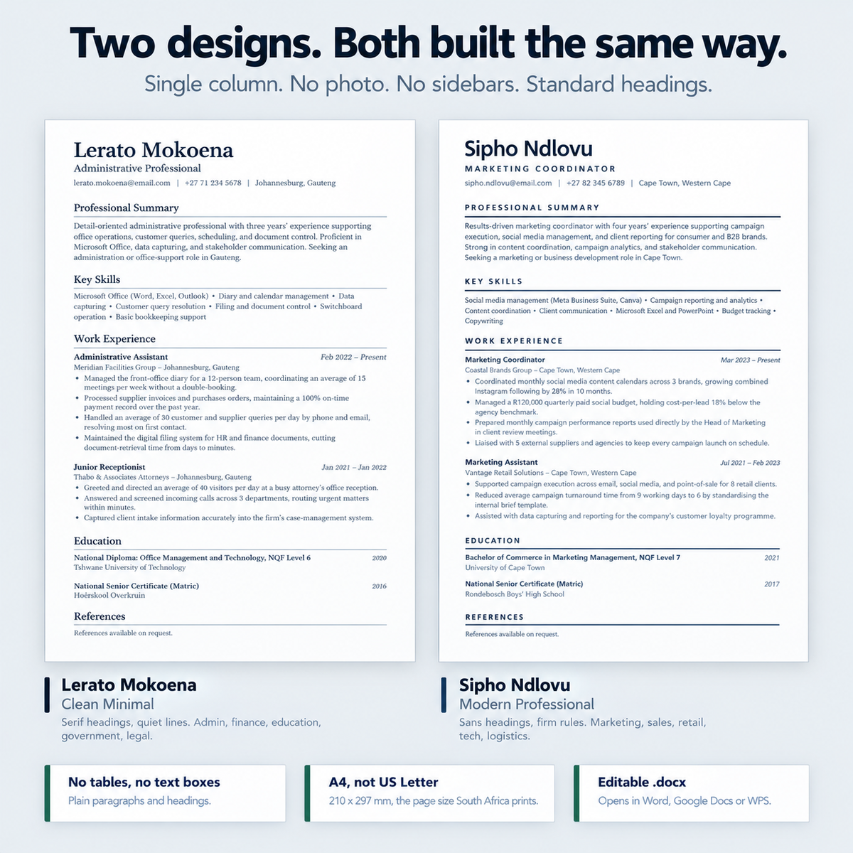 The two CV designs side by side, both single column with no photograph and no sidebar. Clean Minimal uses serif headings and suits admin, finance, education, government and legal; Modern Professional uses sans-serif headings and suits marketing, sales, retail, tech and logistics. Notes underneath: plain paragraphs rather than tables or text boxes, A4 rather than US Letter, and editable .docx that opens in Word, Google Docs or WPS.