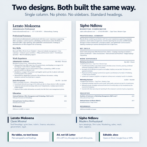 The two CV designs side by side, both single column with no photograph and no sidebar. Clean Minimal uses serif headings and suits admin, finance, education, government and legal; Modern Professional uses sans-serif headings and suits marketing, sales, retail, tech and logistics. Notes underneath: plain paragraphs rather than tables or text boxes, A4 rather than US Letter, and editable .docx that opens in Word, Google Docs or WPS.