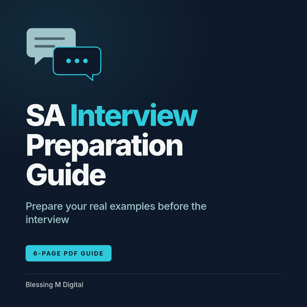 Product image for the 6-page PDF guide. It says: SA Interview Preparation Guide. Prepare your real examples before the interview. 6-page PDF guide. Blessing M Digital.