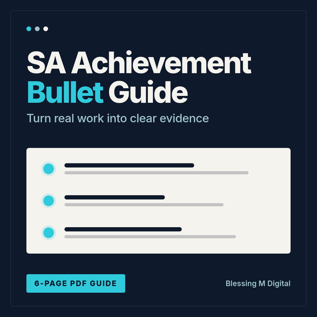 Cover of the Achievement Bullets PDF, 1 of the 3 guides in this set. It shows how to write what you did at work.
